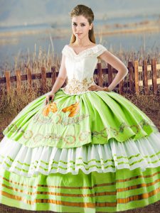 Glorious Ball Gowns V-neck Sleeveless Satin Floor Length Lace Up Embroidery and Ruffled Layers 15th Birthday Dress