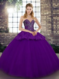 Sumptuous Purple Lace Up Sweetheart Beading and Appliques Quinceanera Gowns Tulle Sleeveless