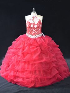Customized Red Ball Gowns Organza Halter Top Sleeveless Beading and Lace Floor Length Backless Quinceanera Gowns