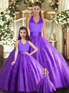 Purple Lace Up Halter Top Beading Quinceanera Gowns Tulle Sleeveless