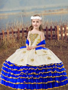 Royal Blue Lace Up Little Girl Pageant Dress Beading and Embroidery and Ruffled Layers Sleeveless Floor Length