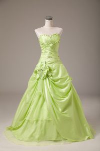 Unique Beading and Hand Made Flower Vestidos de Quinceanera Yellow Green Lace Up Sleeveless Floor Length