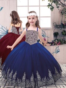 High Quality Floor Length Lace Up Pageant Gowns For Girls Blue for Party and Sweet 16 and Wedding Party with Beading and
