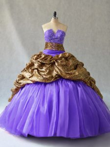 Lavender Ball Gowns V-neck Sleeveless Organza and Printed Brush Train Lace Up Beading and Pick Ups Quinceanera Dress