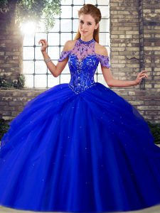 Fitting Beading and Pick Ups Vestidos de Quinceanera Royal Blue Lace Up Sleeveless Brush Train