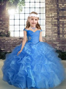 Straps Sleeveless Kids Pageant Dress Floor Length Beading and Ruching Blue Organza