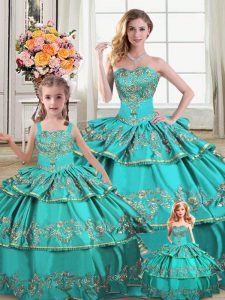 Sweetheart Sleeveless Organza Quinceanera Dress Embroidery and Ruffled Layers Lace Up