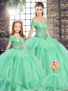 Floor Length Apple Green 15th Birthday Dress Off The Shoulder Sleeveless Lace Up