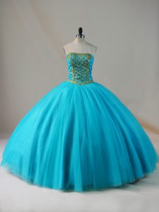 Top Selling Blue 15 Quinceanera Dress Sweet 16 and Quinceanera with Beading Strapless Sleeveless Lace Up