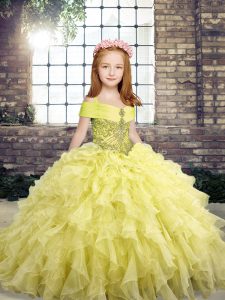 Yellow Lace Up Straps Beading and Ruffles Kids Formal Wear Organza Sleeveless