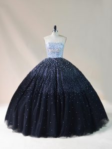 Customized Strapless Sleeveless 15th Birthday Dress Floor Length Beading Black Tulle