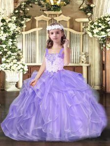 Stunning Straps Sleeveless Child Pageant Dress Floor Length Beading and Ruffles Lavender Organza