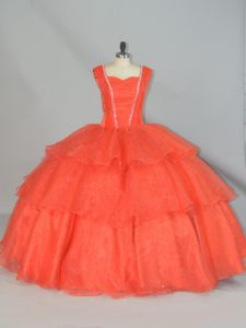 Fancy Orange Red Lace Up 15 Quinceanera Dress Beading and Ruffled Layers Sleeveless Floor Length