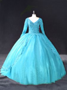 Eye-catching Lace and Appliques Quinceanera Dress Aqua Blue Lace Up Long Sleeves Floor Length