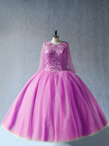 Delicate Ball Gowns Quinceanera Gown Lilac Scoop Tulle Long Sleeves Floor Length Lace Up