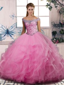 Rose Pink Sleeveless Beading and Ruffles Floor Length Quinceanera Gowns