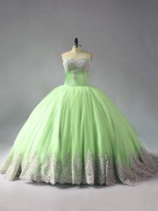 Designer Lace Up Quinceanera Dress Yellow Green for Sweet 16 and Quinceanera with Beading and Appliques Court Train