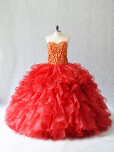 Fantastic Red Sweetheart Lace Up Beading and Ruffles Quinceanera Gown Sleeveless