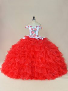 Romantic White And Red Organza Lace Up Off The Shoulder Sleeveless Sweet 16 Dress Brush Train Embroidery and Ruffles