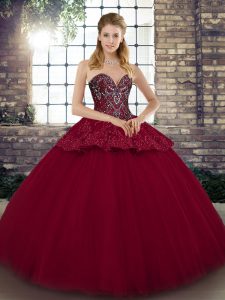 Cheap Burgundy Sleeveless Tulle Lace Up Quince Ball Gowns for Military Ball and Sweet 16 and Quinceanera