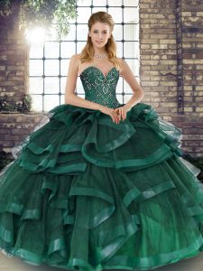 Sweetheart Sleeveless Quinceanera Gowns Floor Length Beading and Ruffles Peacock Green Tulle