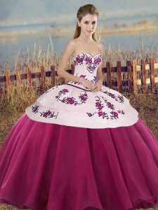 Fuchsia Sleeveless Floor Length Embroidery and Bowknot Lace Up Quince Ball Gowns