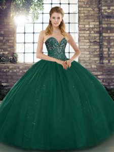 Sleeveless Floor Length Beading Lace Up Quinceanera Dresses with Peacock Green