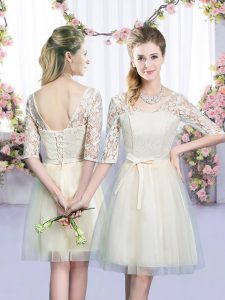 Champagne Lace Up Vestidos de Damas Lace and Bowknot Half Sleeves Mini Length