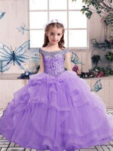 Floor Length Lace Up Pageant Dress Lavender for Party and Wedding Party with Beading and Ruffles