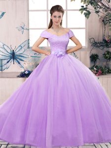Floor Length Lavender Sweet 16 Dress Off The Shoulder Short Sleeves Lace Up