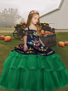 Green Straps Lace Up Embroidery and Ruffled Layers Little Girls Pageant Dress Sleeveless