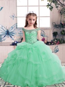 Sleeveless Tulle Floor Length Lace Up Kids Pageant Dress in Apple Green with Beading