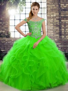 Clearance Lace Up Sweet 16 Dresses Green for Military Ball and Sweet 16 and Quinceanera with Beading and Ruffles Brush T