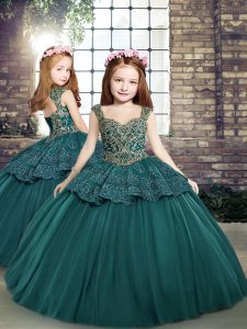 Sleeveless Tulle Floor Length Side Zipper Little Girl Pageant Gowns in Teal with Beading and Appliques