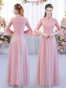 Discount Floor Length Pink Bridesmaid Gown Tulle 3 4 Length Sleeve Lace