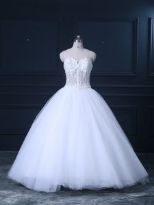 Sweet Lace Up Wedding Dress White for Wedding Party with Beading Brush Train