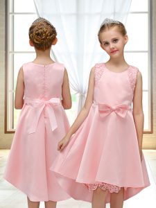 Lace and Bowknot Flower Girl Dress Pink Zipper Sleeveless High Low