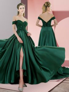 Stunning Green Sleeveless Satin Sweep Train Lace Up Prom Dresses for Prom and Party