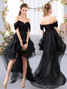 Elegant High Low Black Bridesmaid Gown Off The Shoulder Short Sleeves Lace Up