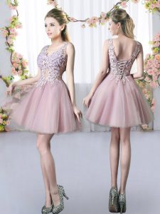 Free and Easy Pink Lace Up V-neck Appliques Court Dresses for Sweet 16 Tulle Sleeveless