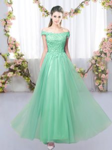 Dynamic Apple Green Empire Off The Shoulder Sleeveless Tulle Floor Length Lace Up Lace Wedding Party Dress