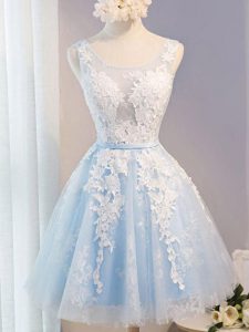High Quality Baby Blue Scoop Neckline Appliques and Belt Evening Dress Sleeveless Lace Up