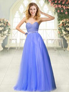 Blue A-line Beading Prom Dress Zipper Tulle Sleeveless Floor Length
