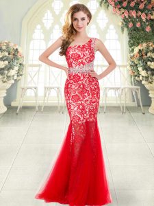 Fabulous Red Zipper Prom Gown Beading and Lace Sleeveless Floor Length