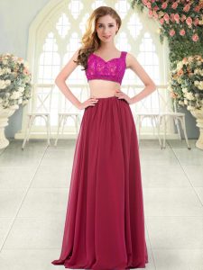 Wine Red Two Pieces Straps Sleeveless Chiffon Floor Length Zipper Beading and Lace Evening Dress