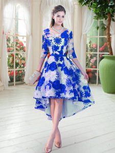 Blue And White A-line Scoop Half Sleeves Lace High Low Lace Up Belt Prom Party Dress