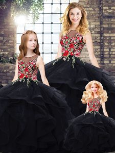 Chic Black Lace Up 15 Quinceanera Dress Beading and Embroidery Sleeveless Floor Length