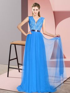 Fantastic Blue Dress for Prom Tulle Sweep Train Sleeveless Beading and Lace