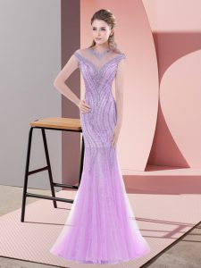 Eye-catching Scoop Cap Sleeves Sweep Train Zipper Prom Dress Lilac Tulle