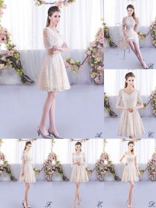 Low Price Short Sleeves Mini Length Lace Lace Up Wedding Guest Dresses with Champagne